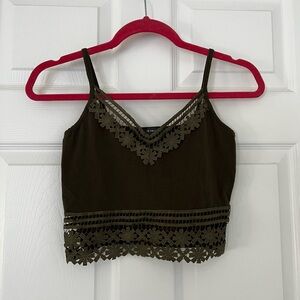 Primark army green crop top with floral knit accent